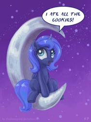 Size: 750x1000 | Tagged: safe, artist:kp-shadowsquirrel, princess luna, alicorn, pony, crescent moon, female, filly, happy, moon, open mouth, sitting, smiling, solo, tangible heavenly object, woona, younger