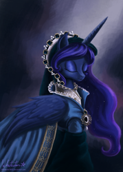 Size: 900x1254 | Tagged: safe, artist:whitestar1802, princess luna, alicorn, pony, brooch, clothes, dress, elizabethan, eyes closed, female, gown, mare, painting, smiling, solo, tudor