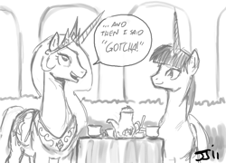 Size: 900x649 | Tagged: safe, artist:johnjoseco, princess celestia, oc, oc:fausticorn, alicorn, pony, grayscale, lauren faust, monochrome, trollestia