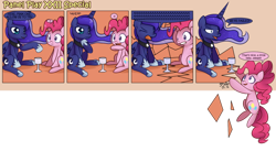 Size: 1700x929 | Tagged: safe, artist:solar-slash, pinkie pie, princess luna, alicorn, earth pony, pony, comic, crack, duo, duo female, female, glass, mare, panel play, sitting, traditional royal canterlot voice, yelling