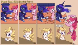 Size: 1695x985 | Tagged: safe, artist:solar-slash, pinkie pie, princess luna, surprise, alicorn, earth pony, pegasus, pony, g1, comic, drinking, female, g1 to g4, generation leap, mare, panel play, shattered glass, yelling