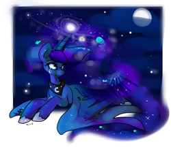 Size: 829x716 | Tagged: safe, artist:clockworkquartet, princess luna, alicorn, pony, crying, female, mare, moon, prone, sad, solo, wings down