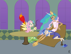 Size: 2422x1839 | Tagged: safe, artist:carnifex, fluttershy, philomena, princess celestia, princess luna, barefoot, bedroom eyes, clothes, dress, eyes closed, feet, gala dress, grin, head on lap, horned humanization, humanized, on side, sandals, sitting, skinny, sleeping, smiling, winged humanization