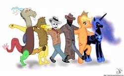 Size: 2784x1712 | Tagged: safe, artist:retsu-the-pony, applejack, discord, nightmare moon, princess luna, alicorn, earth pony, pony, 2spooky, eppaljeck, female, griffy the griffin, krastos the gluemaker, mare, the man they call ghost, true capitalist radio, yay applejack woohoo