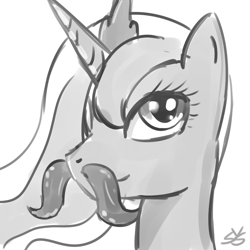 Size: 900x900 | Tagged: safe, artist:speccysy, princess luna, alicorn, pony, female, i moustache you a question, mare, monochrome, moustache, smiling, smirk, solo