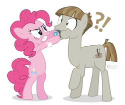Size: 960x810 | Tagged: safe, artist:dm29, mudbriar, pinkie pie, earth pony, pony, the maud couple, angry, confused, duo, force feeding, geode, raised hoof, simple background, transparent background, vector
