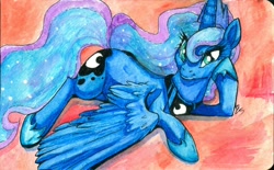 Size: 1280x792 | Tagged: safe, artist:buttercupsaiyan, princess luna, alicorn, pony, female, mare, prone, smiling, solo, traditional art, watercolor painting