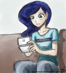 Size: 906x1000 | Tagged: safe, artist:johnjoseco, artist:michos, princess luna, human, colored, female, gamer luna, humanized, nintendo ds, sitting, solo