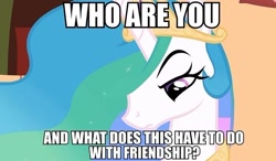 Size: 640x373 | Tagged: safe, artist:newbiespud, princess celestia, alicorn, pony, comic:friendship is dragons, female, horn, image macro, mare, multicolored mane, solo, white coat