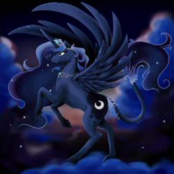 Size: 1814x1814 | Tagged: safe, artist:starkindlerstudio, princess luna, alicorn, classical unicorn, pony, female, leonine tail, mare, night, rearing, sky, solo