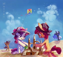 Size: 4023x3650 | Tagged: safe, artist:holivi, apple bloom, princess luna, scootaloo, sweetie belle, alicorn, earth pony, pegasus, pony, unicorn, beach, cutie mark crusaders, female, filly, hat, kite, mare, sandcastle, smiling