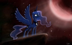 Size: 1280x800 | Tagged: safe, artist:ajvl, princess luna, alicorn, pony, cliff, female, mare, moon, night, solo, spread wings, wings