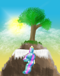 Size: 3000x3800 | Tagged: safe, artist:karyobinga, princess celestia, alicorn, pony, flying, mountain, tree