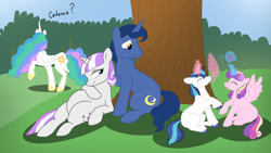 Size: 2184x1228 | Tagged: safe, artist:peppermintheart, night light, princess cadance, princess celestia, shining armor, twilight velvet, alicorn, pony, unicorn, colt, female, filly, husband and wife, male, nightvelvet, pregnant