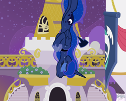 Size: 1280x1024 | Tagged: safe, artist:facelessjr, princess luna, alicorn, pony, canterlot, crying, eyes closed, falling, fanfic, female, frown, lunacy, mare, night, solo, suicide