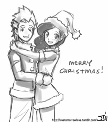 Size: 882x1000 | Tagged: safe, artist:johnjoseco, princess luna, spike, human, christmas, female, grayscale, hat, holiday, hug, humanized, looking at you, male, monochrome, santa hat, shipping, spiluna, straight