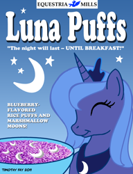 Size: 590x768 | Tagged: safe, artist:tim-kangaroo, princess luna, alicorn, pony, cereal, cute, eyes closed, female, happy, mare, moon, s1 luna, solo