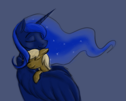 Size: 775x622 | Tagged: safe, artist:enma-darei, princess luna, oc, oc:paper pony, alicorn, earth pony, pony, blue, brown, duo, eyes closed, female, hug, male, mare, paper, paper pony, smiling, stallion, wings