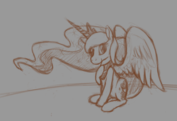 Size: 974x665 | Tagged: safe, artist:enma-darei, princess luna, alicorn, pony, female, looking at you, mare, monochrome, raised hoof, sitting, sketch, smiling, solo