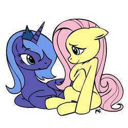 Size: 945x945 | Tagged: safe, artist:megasweet, fluttershy, princess luna, alicorn, pegasus, pony, duo, duo female, female, looking at each other, mare, prone, s1 luna, simple background, sitting, white background