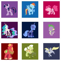 Size: 466x466 | Tagged: safe, artist:steveholt, part of a set, big macintosh, derpy hooves, granny smith, pinkie pie, princess celestia, princess luna, rainbow dash, spike, twilight sparkle, alicorn, dragon, earth pony, pegasus, pony, colored hooves, cutie mark, female, grin, hooves, horn, jewelry, lineless, male, mare, minimalist, open mouth, raised hoof, regalia, s1 luna, smiling, spread wings, stallion, tiara, wings