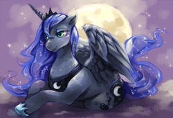 Size: 945x647 | Tagged: safe, artist:kamitake, princess luna, alicorn, pony, female, lidded eyes, mare, moon, prone, solo