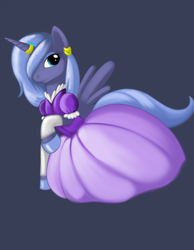 Size: 1470x1890 | Tagged: safe, artist:kloudmutt, princess luna, alicorn, pony, clothes, dress, ear piercing, earring, female, horn ring, jewelry, mare, piercing, raised hoof, s1 luna, simple background, solo