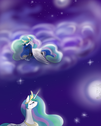 Size: 600x750 | Tagged: safe, artist:himesatou, princess celestia, princess luna, alicorn, pony, cloud, cloudy, crying, moon, stars