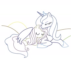 Size: 1782x1524 | Tagged: safe, artist:bri-sta, fluttershy, princess luna, alicorn, pegasus, pony, female, lesbian, lunashy, mare, prone, s1 luna, shipping, sleeping, wing blanket