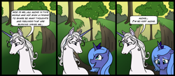 Size: 1500x656 | Tagged: safe, artist:madmax, artist:pacce, princess luna, alicorn, classical unicorn, pony, unicorn, amalthea, comic, crossover, denied, duo, duo female, eye contact, female, forest, lady amalthea, lonely, looking at each other, mare, open mouth, open smile, rejection, s1 luna, sad, smiling, the last unicorn