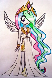 Size: 550x820 | Tagged: safe, artist:suusj-chan, princess celestia, horned humanization, humanized, solo, traditional art, winged humanization