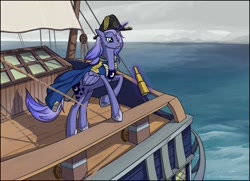 Size: 1234x894 | Tagged: safe, artist:marbleyarns, princess luna, alicorn, pony, airship, bicorne, captain luna, clothes, coat, female, hat, mare, ocean, ship, solo, telescope