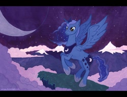 Size: 716x550 | Tagged: safe, artist:marbleyarns, princess luna, alicorn, pony, cloud, cloudy, female, mare, moon, mountain, night, rearing, solo, stars