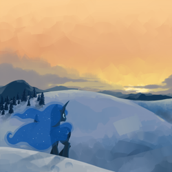 Size: 800x800 | Tagged: safe, artist:naroclie, princess luna, alicorn, pony, dusk, female, mare, scenery, snow, solo, sunset