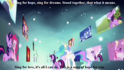 Size: 1280x720 | Tagged: safe, edit, edited screencap, screencap, princess celestia, twilight sparkle, unicorn twilight, alicorn, pony, unicorn, magical mystery cure, celestia's ballad, crush 40, duo, ethereal mane, female, image macro, lyrics, mare, princess celestia's special princess making dimension, void