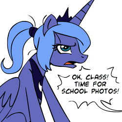 Size: 945x945 | Tagged: safe, artist:megasweet, princess luna, alicorn, pony, annoyed, ponytail, s1 luna, simple background, sitting, solo, teenager, younger