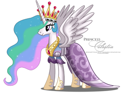 Size: 1600x1238 | Tagged: safe, artist:tiffanymarsou, princess celestia, alicorn, pony, big crown thingy, clothes, coronation dress, dress, solo