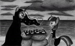 Size: 1984x1215 | Tagged: safe, artist:willisninety-six, princess luna, twilight sparkle, alicorn, pony, unicorn, chess, cloak, clothes, crossover, death, duo, duo female, female, mare, monochrome, sitting, the seventh seal, traditional art