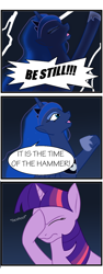 Size: 606x1620 | Tagged: safe, artist:kourabiedes, princess luna, twilight sparkle, alicorn, pony, unicorn, comic, duo, duo female, facehoof, female, hammer time, mare, traditional royal canterlot voice