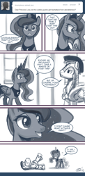 Size: 600x1227 | Tagged: safe, artist:johnjoseco, princess luna, alicorn, pegasus, pony, ask, ask princess molestia, comic, cute, duo, fainting goat, female, heart attack, hnnng, lunabetes, male, mare, monochrome, royal guard, stallion