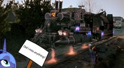 Size: 640x350 | Tagged: safe, princess luna, alicorn, pony, back to the future, did i miss anything?, female, mare, meme, s1 luna, sign, steam locomotive, train