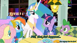 Size: 960x540 | Tagged: safe, fluttershy, princess celestia, rainbow dash, spike, twilight sparkle, alicorn, dragon, pegasus, pony, caption, unicon