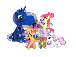 Size: 1000x750 | Tagged: safe, artist:enati-ora, apple bloom, princess luna, scootaloo, sweetie belle, alicorn, pony, cutie mark crusaders, simple background, transparent background