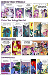 Size: 1059x1614 | Tagged: safe, artist:schizopie, pinkie pie, princess cadance, princess luna, queen chrysalis, twilight sparkle, alicorn, changeling, changeling queen, earth pony, pony, lil-miss rarity, catchlights, comic, dr adorable, jappleack, princess, r-dash 5000, style emulation, tyrranux