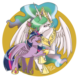 Size: 1000x1000 | Tagged: safe, artist:bunina, princess celestia, twilight sparkle, twilight sparkle (alicorn), alicorn, pony, big crown thingy, female, mare, pixiv