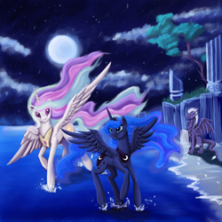 Size: 2000x2000 | Tagged: safe, artist:dalagar, princess celestia, princess luna, alicorn, dragon, pony, female, mare, moon, night, water