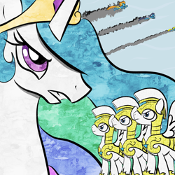 Size: 900x900 | Tagged: safe, artist:boumce, blaze, princess celestia, soarin', surprise, alicorn, pony, royal guard, wonderbolts