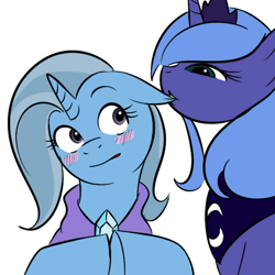 Size: 600x600 | Tagged: safe, artist:kloudmutt, princess luna, trixie, alicorn, pony, blushing, ear bite, female, lesbian, luxie, mare, s1 luna, shipping