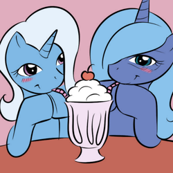 Size: 600x600 | Tagged: safe, artist:kloudmutt, princess luna, trixie, alicorn, pony, blushing, female, lesbian, luxie, mare, milkshake, s1 luna, shipping