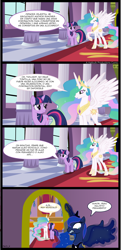 Size: 1280x2627 | Tagged: safe, princess celestia, princess luna, twilight sparkle, alicorn, pony, spanish, translation